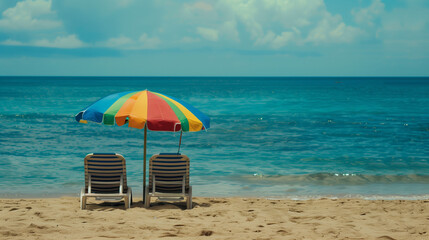 Beach Paradise: Two empty chairs sit beneath a vibrant, colorful umbrella on a sun-kissed beach, with the shimmering turquoise ocean stretching towards a cloudy horizon.