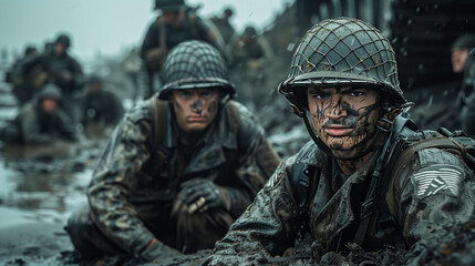 Fototapeta premium War's Grit: Soldiers, Faces Streaked with Mud, Display Steadfast Determination During Battle