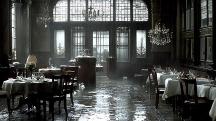 A Formal Restaurant Interior Under A Heavy Downpour Of Rain