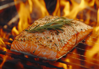 Slight focus on the delicious and juicy salmon fillet being grilled over flames, showcasing its golden-brown color with rosemary leaves placed atop it