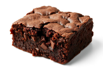 Freshly baked brownie with a rich, fudgy texture and a slightly cracked top revealing delicious chocolate chunks, perfect for dessert lovers.