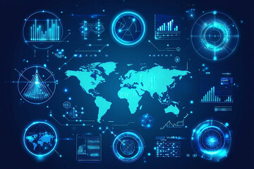 Digital world map with data visualizations and analytics graphs on a blue background