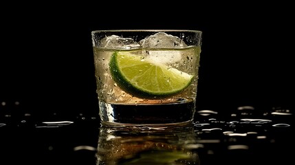 Refreshing Gin and Tonic Cocktail with Lime Slice on Reflective Surface