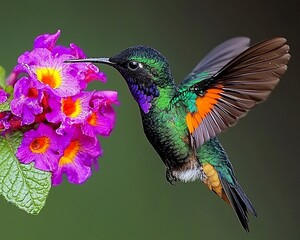 Obraz premium Vibrant hummingbird feeding on purple flowers.