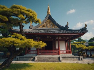 Cartoon illustration of a pagoda with a tree in front