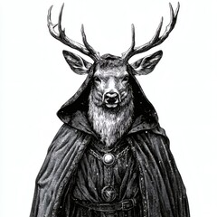 A deer with antlers is wearing a hooded cloak