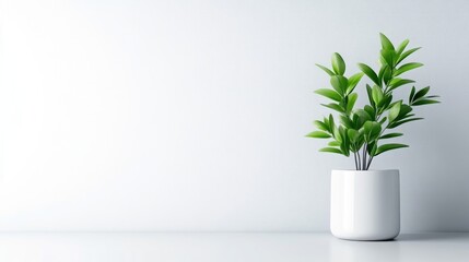 Minimalist plant in a white pot against a clean wall. Fresh greenery adds a touch of nature to a modern, simple setting