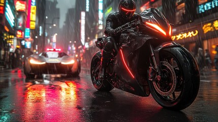 Futuristic motorcycle rider in neon-lit cityscape during rain, police car pursuing in background
