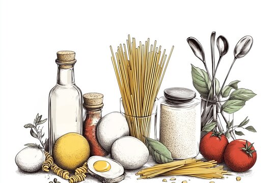 Italian pasta cook book. Line art, modern, whitebackground. 