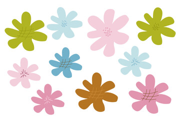 Set of simple, spring, bright flowers in flat style. Design element for holiday cards