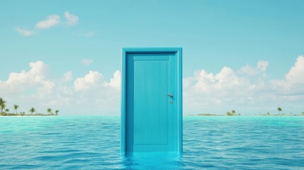 Surreal Door Standalone in Azure Ocean Landscape with Bright Sky and Fluffy Clouds, Symbolizing Opportunities and Imagination in Digital Art
