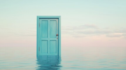 Surreal Turquoise Door Standing in Calm Water Under a Soft Sky at Dusk, Inviting Imagination and Exploration into a Dreamlike Space