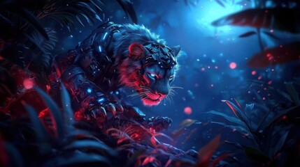 Fototapeta premium Futuristic Armored Lion with Augmented Claws in a Vibrant Jungle Environment