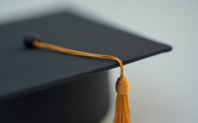 Close-up view of a graduation cap with yellow tessel