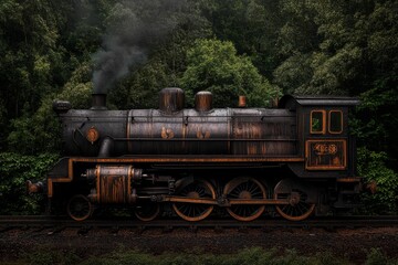 Fototapeta premium A massive diesel locomotive engine, covered in soot and grease, showing years of operation