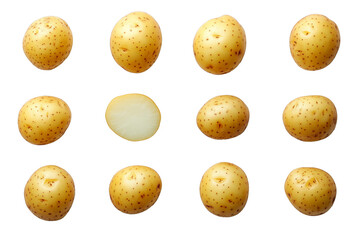 PNG cut out isolated background. A collection of whole boiled potatoes with smooth, golden skin, arranged in an evenly spaced pattern.
