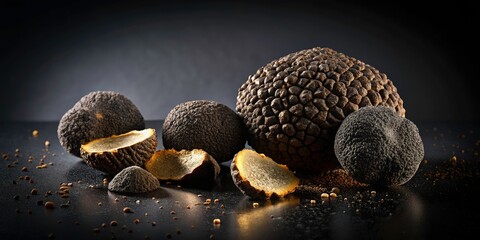 Obraz premium Gourmet Black Truffles: Aerial View of Slices & Whole Truffles on Black Background