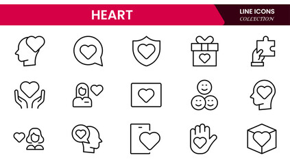 Heart, love, care, help, charity, and donation outline icons are set isolated on a white background in a flat vector illustration.
