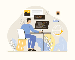 Wireless technology concept. Wifi communication of gadgets. Man uses laptop to work and access global Internet. Flat vector illustration.