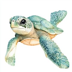 Fototapeta premium Cute Sea Turtle Watercolor Clipart in Seafoam Green and Pastel Peach Palette for Tropical Birthday Stationery and Kids Party Designs Watercolor, Vector Design