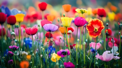 Colorful iceland poppies blooming in a field during spring