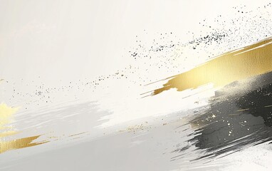 Abstract gold, black, and grey paint strokes on white background.