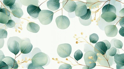 Green border eucalyptus twigs watercolor on light Background with copy space for text in the center for wallpaper, invitation, greeting banners