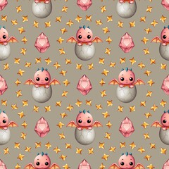Seamless children's pattern with a charming pink dragon in a shell, stars and crystals on a brown background.