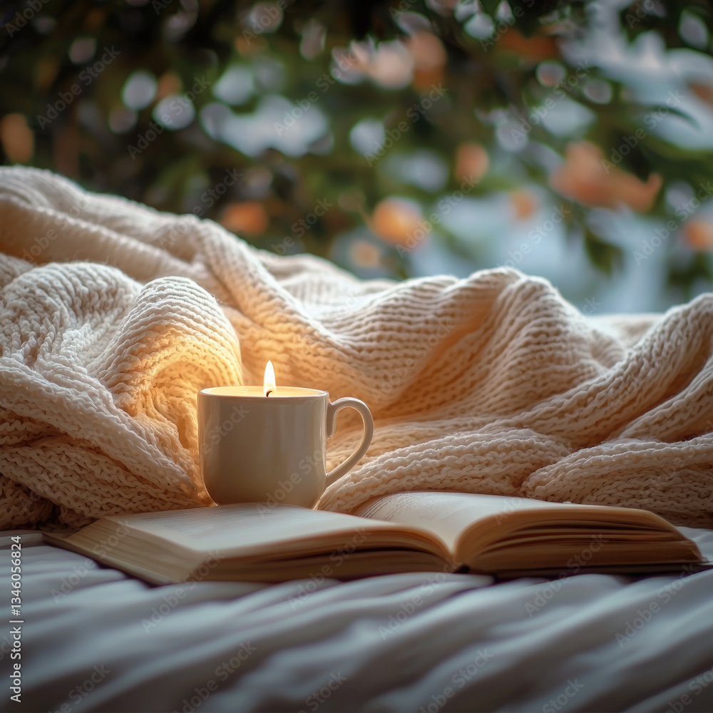 Poster Cozy atmosphere with warm candle, cup, and open book on soft blanket, creating serene and inviting space for relaxation and reading