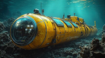 Rusty yellow submarine rests on ocean floor