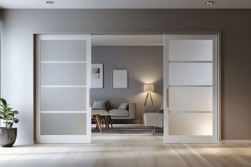 Minimalist Scandinavian gallery office with soft lighting, sliding doors, and clean design, ideal for modern advertising showcases.