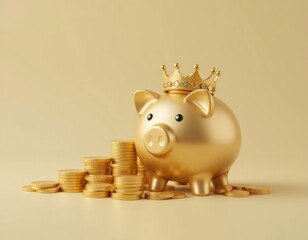 Golden Piggy Bank Wearing Crown with Stacked Coins on Gold Background