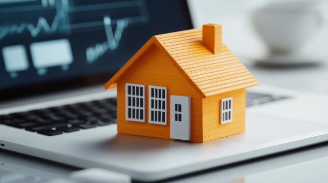 Revolutionizing Property with Smart Real Estate Management. A miniature orange house model placed on a laptop keyboard showcasing real estate concept.
