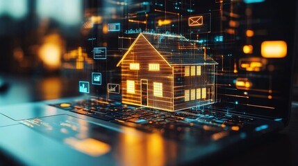 AI-Powered Smart Real Estate Management for Maximum Efficiency. A digital virtual house model displayed on a laptop screen in a futuristic environment.
