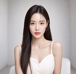 Naklejka premium Portrait of young Asian woman model with long black hair