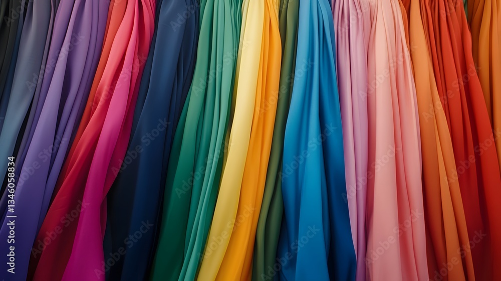 Poster Colorful fabrics hanging in a store displaying a wide range of vibrant colors