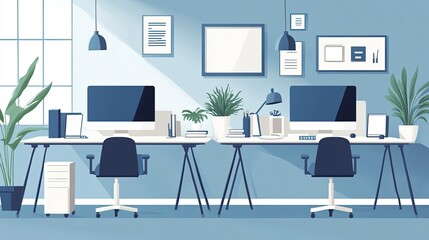 Flat vector illustration of a modern office workspace, complete with computers, desks, and plants.