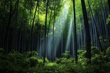 Fototapeta premium A peaceful bamboo forest in Izu, with soft sunlight filtering through the tall, green stalks
