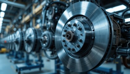 Fototapeta premium Precision Engineering: Close-up of Automotive Brake Disc Assembly Line