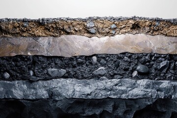 Cross-section of asphalt road revealing layers of soil, gravel, and bedrock.