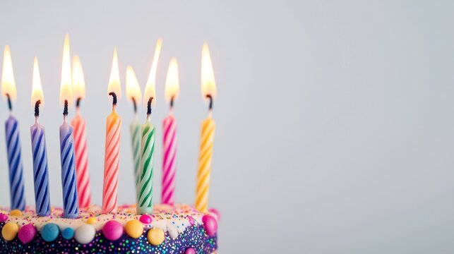 Decorative birthday candles placed on white background with copy space