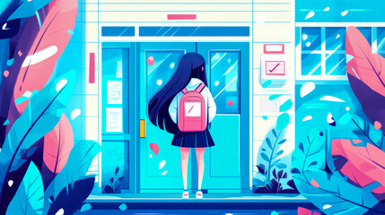 First day of school: A student stands ready at the entrance