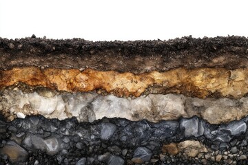 Cross-section of earth layers revealing topsoil, subsoil, sandstone, bedrock, and gravel.