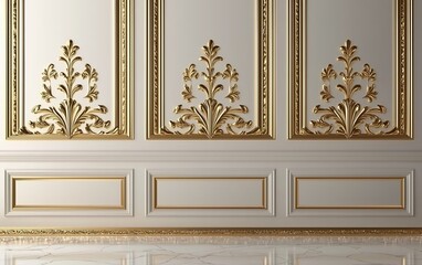 Elegant white and gold paneled wall with ornate detailing.