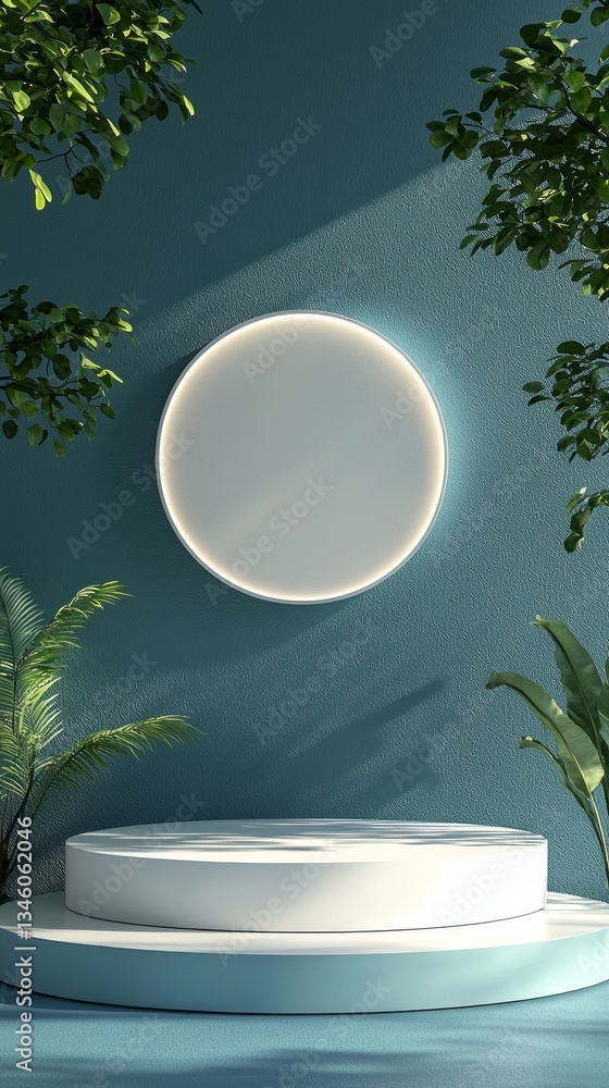Poster A serene indoor setting features a minimalist circular display platform illuminated softly, framed by vibrant green plants against a soothing blue wall. Perfect for artistic showcases