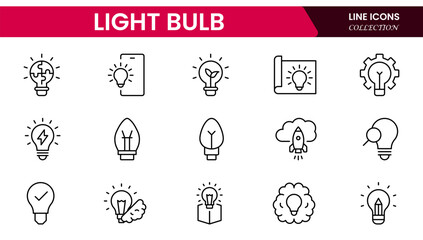 Light bulb idea line icons. Vector electric energy lamps and lightbulbs isolated outline symbols for creative solution, idea, innovation and inspiration concept.
