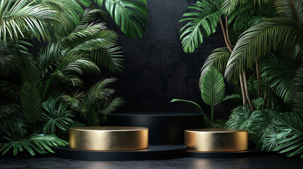 Obraz premium Black minimalistic backdrop with geometric shapes and palm leaves highlighting a gold podium