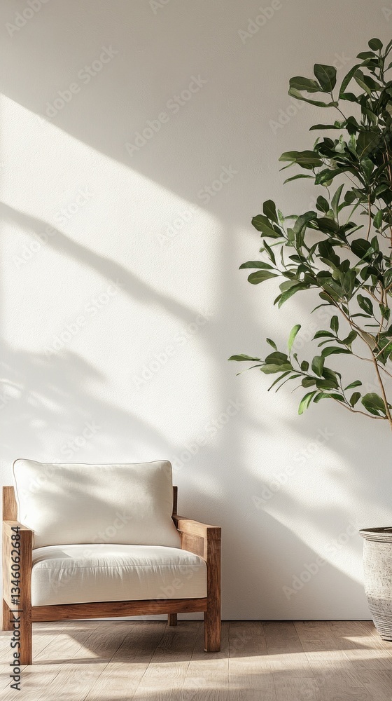 Poster Sunlight streams through a window, casting gentle shadows across a serene space featuring a beautifully crafted wooden chair and a lush green plant in a stylish pot, inviting relaxation