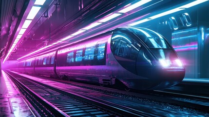 Fototapeta premium Neon Nights: Futuristic High-Speed Train in a Vibrant Subway Tunnel