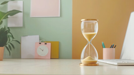 Hourglass on modern desk with pastel decor